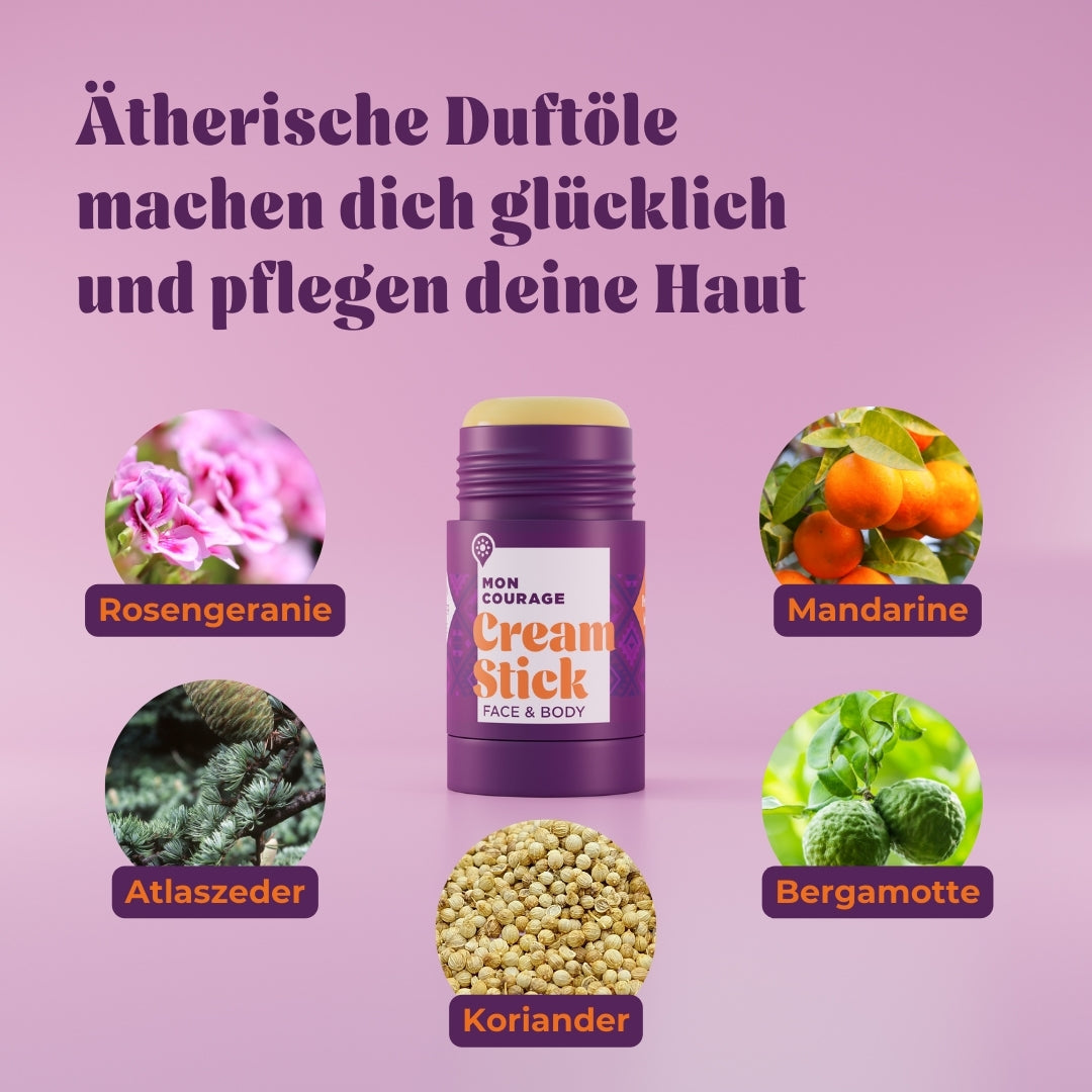 Der Cream Stick mit ätherischen Duftölen wie Rosengeranie, Atlaszeder, Koriander, Bergamotte und Mandarine